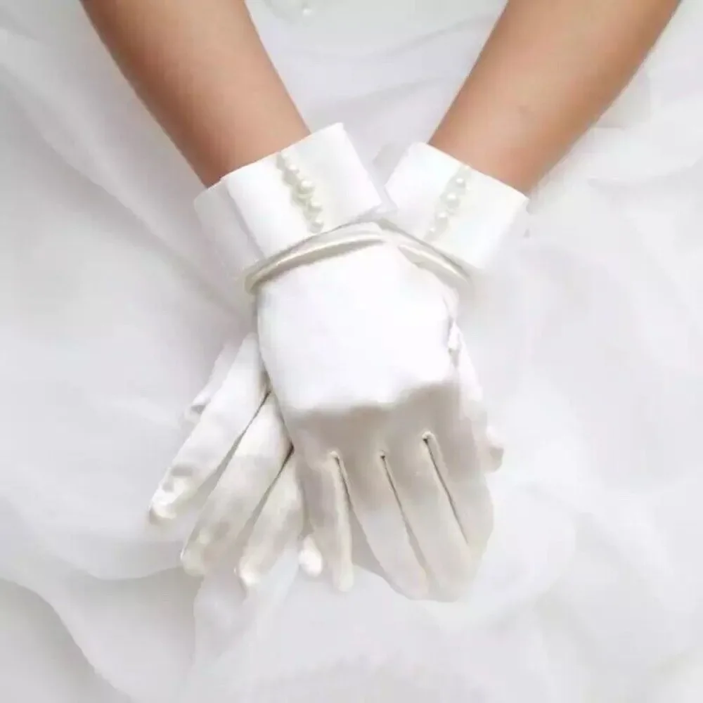 Wedding Bridal Short Gloves White Bow Stretch Satin Evening Party Opera Prom